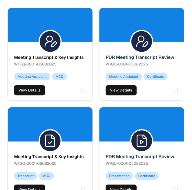 Preview cards: Meeting Transcript & Key Insights, PDR Meeting Transcript Review